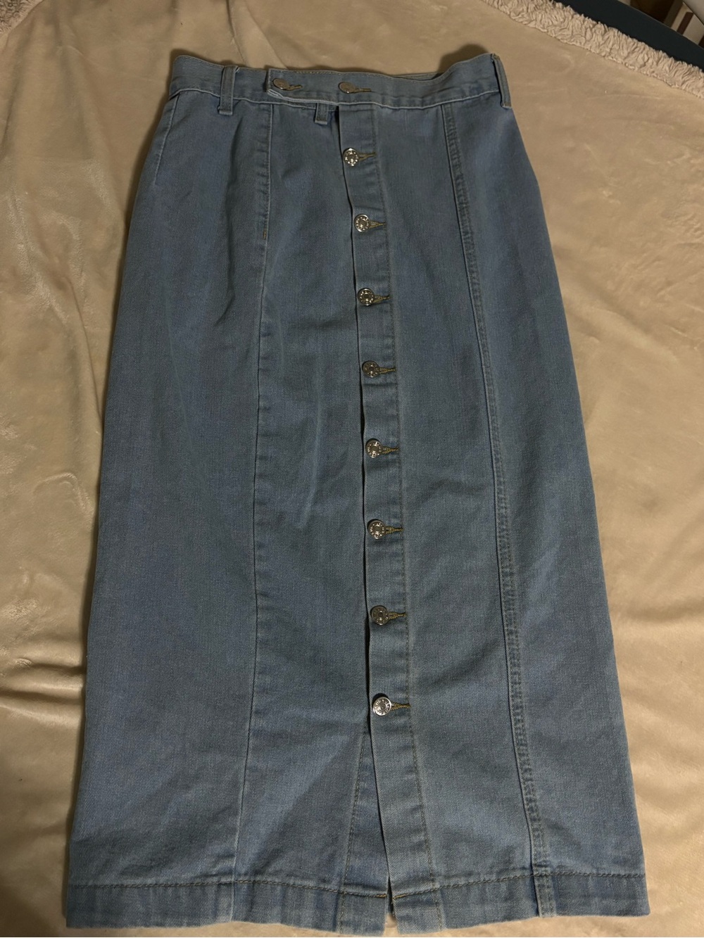 Vintage Classic Button-Front Denim Midi Skirt - Blue